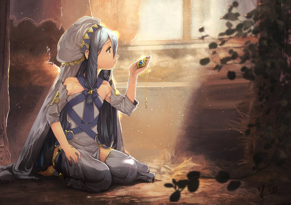 1girl aqua_(fire_emblem_if) barefoot blue_hair dress elbow_gloves fingerless_gloves fire_emblem fire_emblem_heroes fire_emblem_if gloves hair_between_eyes jewelry kero_sweet long_hair nintendo simple_background veil very_long_hair yellow_eyes younger