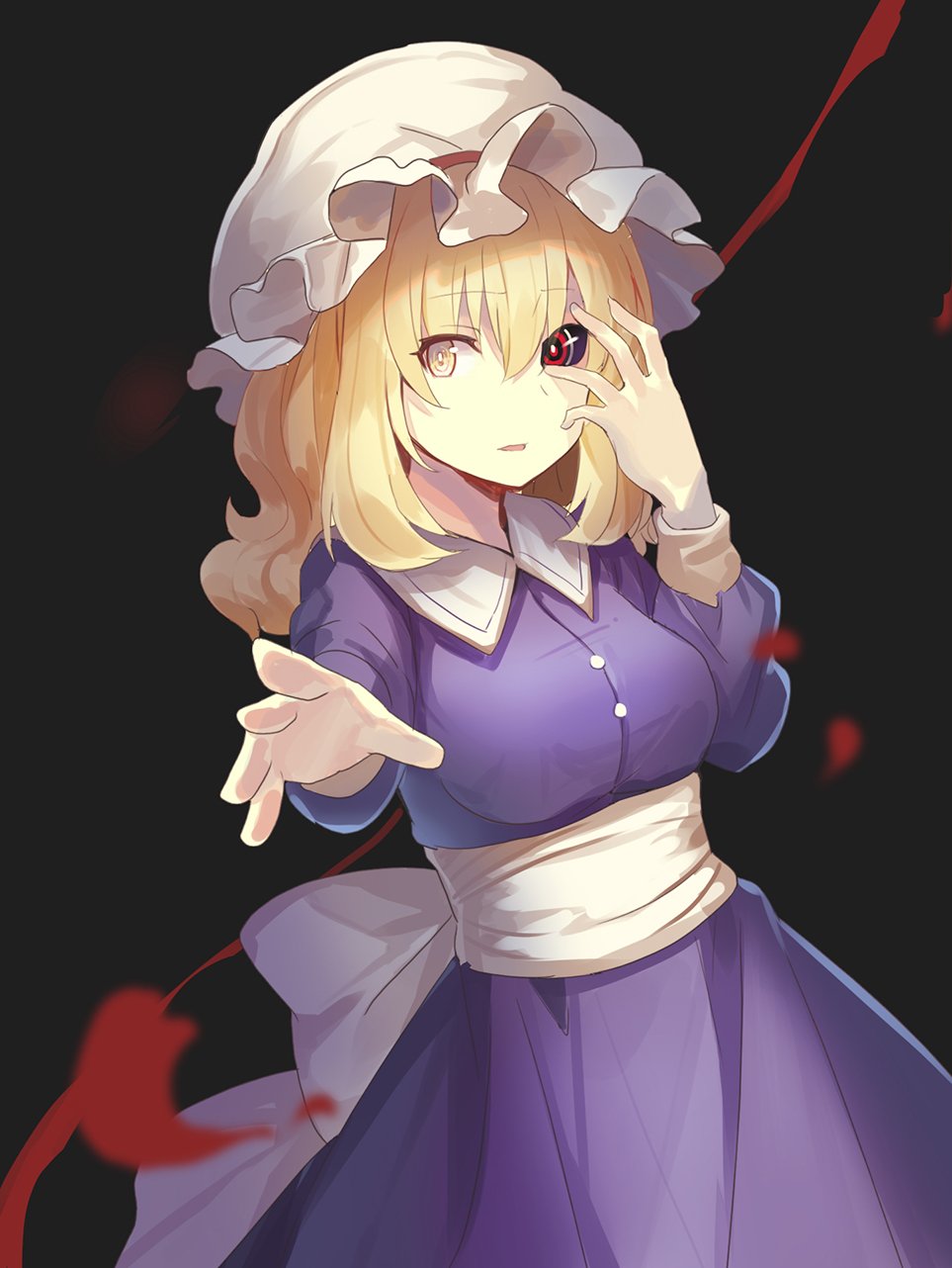 1girl bangs black_background black_sclera blonde_hair breasts commentary_request cowboy_shot dress eyebrows_visible_through_hair hair_between_eyes hand_up hat heterochromia highres long_hair long_sleeves looking_at_viewer maribel_hearn medium_breasts parted_lips purple_dress reaching_out red_eyes rin_falcon sash simple_background solo standing touhou white_hat white_sash yellow_eyes