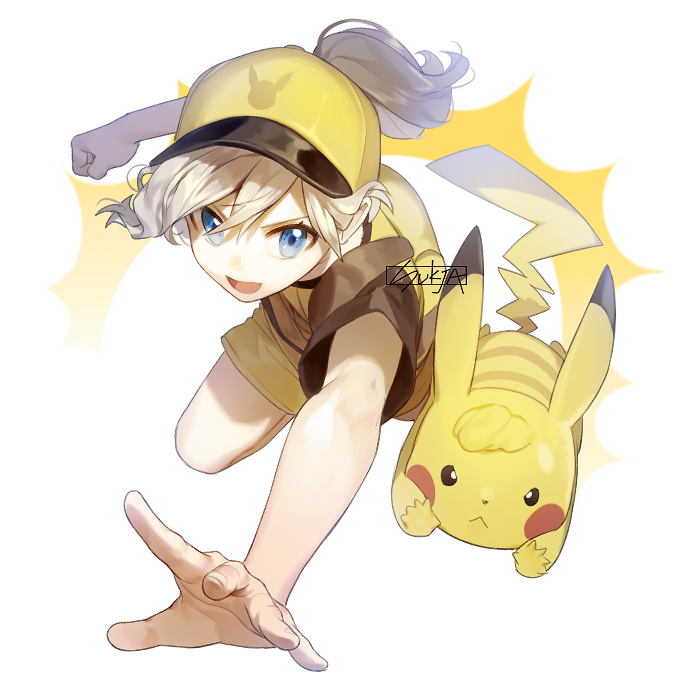1girl :d backpack bag baseball_cap blue_eyes character_request clenched_hand creatures_(company) game_freak gen_1_pokemon hat nintendo open_mouth outstretched_hand pikachu pokemon pokemon_(creature) pokemon_(game) ponytail shorts smile sukja yellow_backpack yellow_hat yellow_shorts
