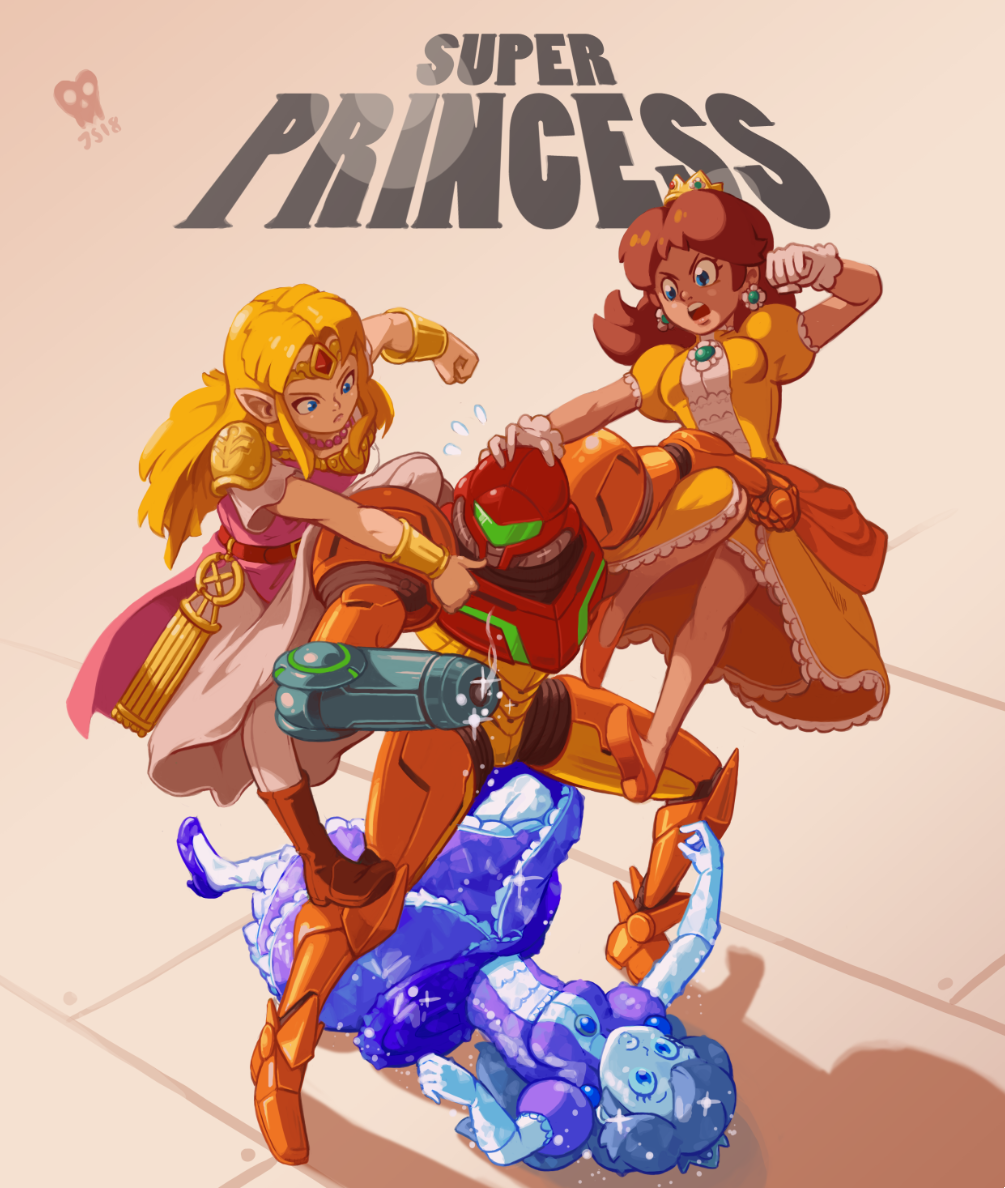 4girls arm_cannon battle blonde_hair blue_eyes boots bracer breasts brown_hair clenched_hand commentary crossover crown dress english_commentary fighting flying_sweatdrops forehead_jewel frozen full_body gloves gun helmet incoming_punch jewelry joakim_sandberg long_dress long_hair super_mario_bros. metroid multiple_girls necklace nintendo pantyhose pauldrons pearl_necklace pink_dress pointy_ears power_suit princess_daisy princess_peach princess_zelda puffy_short_sleeves puffy_sleeves pumps samus_aran short_sleeves small_breasts smoke smoking_gun super_mario_bros. super_metroid super_smash_bros. the_legend_of_zelda tiara varia_suit weapon white_dress white_gloves white_legwear yellow_dress