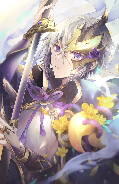 1boy cape chinese_armor chinese_clothes fate/grand_order fate_(series) flower gao_changgong_(fate) hair_between_eyes holding holding_sheath holding_sword holding_weapon horned_mask looking_at_viewer male_focus mask mask_over_one_eye masked parted_lips sheath short_hair silver_hair solo sword unsheathed violet_eyes weapon yellow_flower yunohito