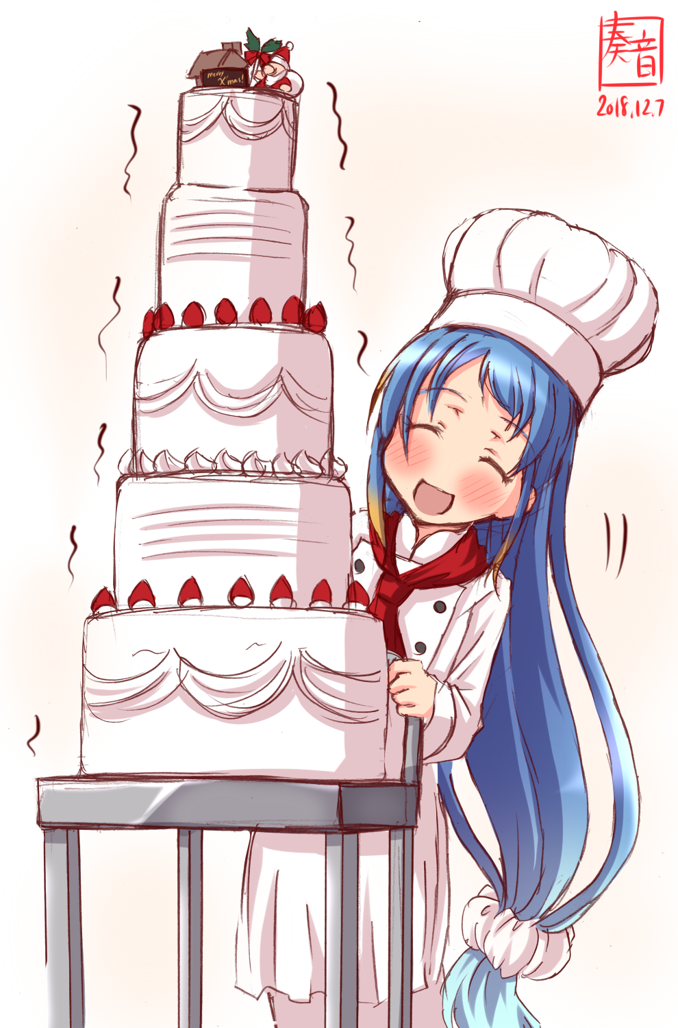 1girl artist_logo blue_hair cake chef chef_hat closed_eyes commentary_request cosplay dated feet_out_of_frame food forehead gradient_hair hat highres kanon_(kurogane_knights) kantai_collection long_hair multicolored_hair no_nose open_mouth red_scarf samidare_(kantai_collection) scarf simple_background smile solo toque_blanche trembling very_long_hair white_background