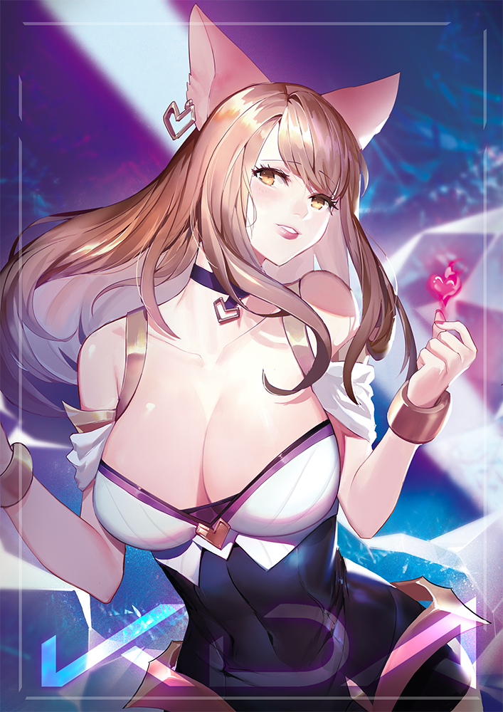 1girl ahri animal_ears bare_shoulders blonde_hair blush breasts choker cleavage covered_navel earrings fox_ears fox_tail heart heart_choker jewelry k/da_(league_of_legends) k/da_ahri kirsos large_breasts league_of_legends lips long_hair parted_lips smile solo tail whisker_markings yellow_eyes