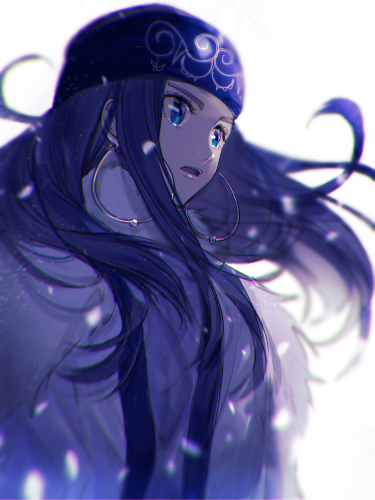 1girl ainu_clothes asirpa bandanna black_hair blue_bandana blue_eyes earrings golden_kamuy hoop_earrings jewelry long_hair looking_to_the_side nakkamonakkamo open_mouth solo standing upper_body very_long_hair white_background