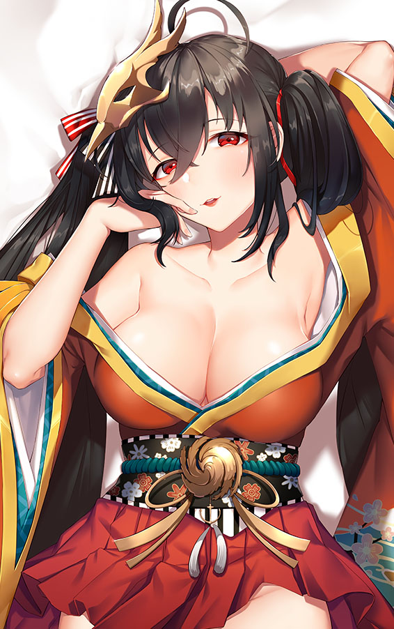 1girl ahoge arm_behind_head azur_lane bangs bare_shoulders black_hair blush breasts cleavage collarbone dakimakura eyebrows_visible_through_hair hair_between_eyes hair_ribbon hand_up huge_breasts iiiroha japanese_clothes kimono large_breasts long_hair looking_at_viewer mask mask_on_head obi off_shoulder open_mouth pleated_skirt red_eyes red_kimono red_ribbon ribbon sash sidelocks skirt smile solo striped striped_ribbon taihou_(azur_lane) twintails very_long_hair wide_sleeves