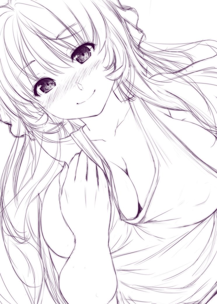 1girl blush breasts cleavage collarbone commentary_request eyebrows_visible_through_hair from_below large_breasts long_hair looking_at_viewer monochrome nori_tamago pov sideboob simple_background sketch smile solo tank_top touhou very_long_hair white_background yakumo_yukari