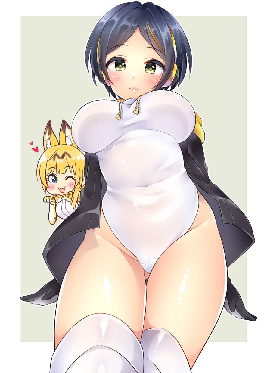 2girls :3 animal_ears black_hair blonde_hair blush border breasts brown_hair character_request chibi commentary_request cosplay cosplay_request covered_navel crossover dot_nose drawstring from_below gloves highres idolmaster idolmaster_cinderella_girls kemono_friends large_breasts lips looking_at_viewer looking_down mio_(mgr300) multicolored_hair multiple_girls orange_hair outside_border parted_lips print_gloves print_neckwear serval_ears serval_girl serval_print streaked_hair two-tone_hair white_border yellow_eyes