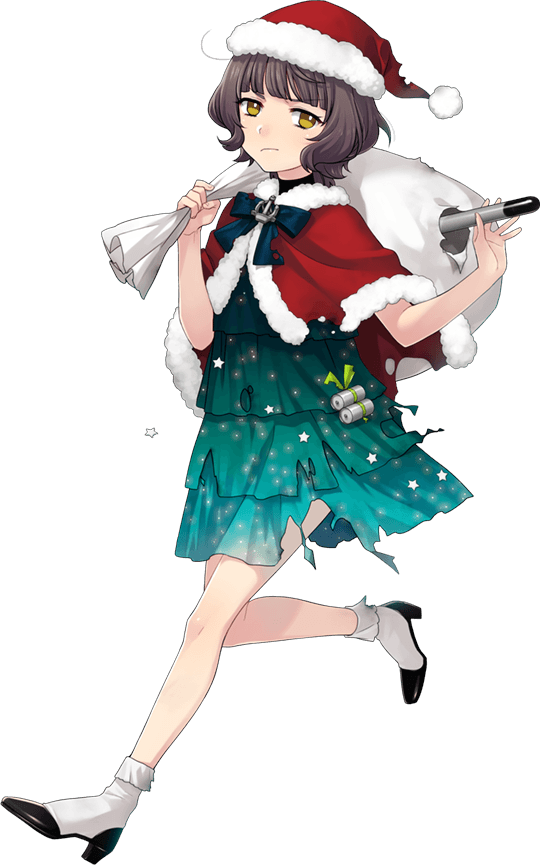 1girl bangs blunt_bangs brown_hair fujikawa hat holding_object kantai_collection kishinami_(kantai_collection) long_skirt looking_at_viewer official_art robe sack santa_costume santa_hat short_hair skirt torn_clothes torpedo wavy_hair yellow_eyes