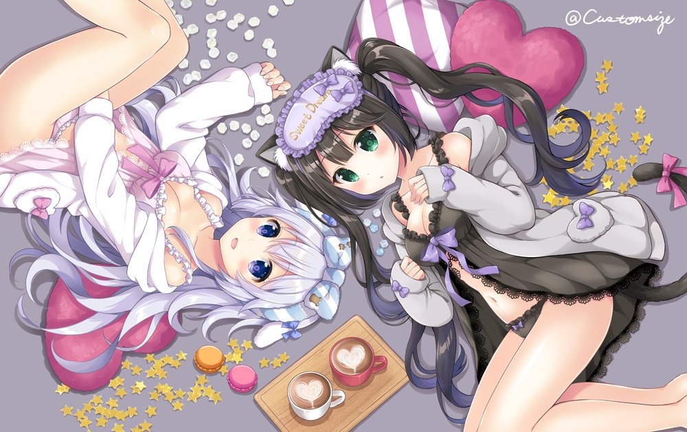 2girls :d animal_ears babydoll between_legs black_babydoll black_hair black_panties blue_bow blue_eyes blush bow breasts cat_ears cat_tail circle_name cleavage clenched_hand clothes_writing coffee collarbone commentary_request cup dog_ears ear_ribbon english food frilled_hairband frills green_eyes grey_background grey_hair grey_jacket hairband half_updo hand_between_legs heart heart_pillow hood hood_down hooded_jacket jacket lace_trim long_hair long_sleeves looking_at_viewer lying macaron medium_breasts multiple_girls navel on_side open_mouth original panties pillow pink_babydoll pink_bow pink_panties purple_bow purple_hairband sakurai_makoto_(custom_size) sidelocks sleeves_past_wrists smile star striped striped_hairband sugar_cube tail tail_bow teacup tray twintails underwear white_jacket