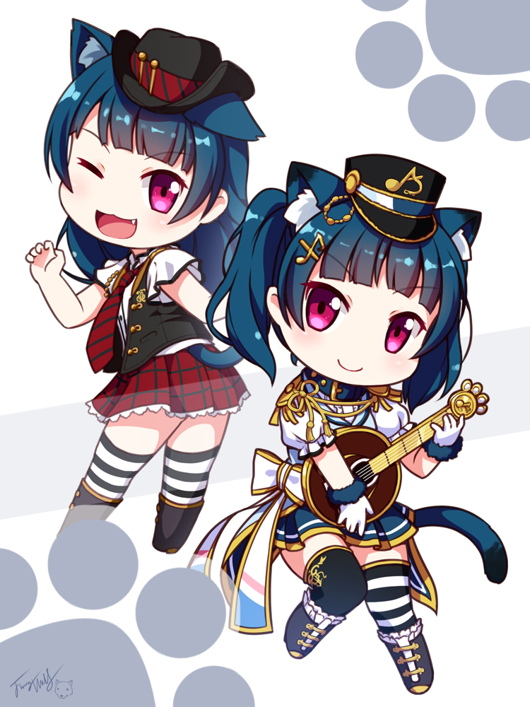 &gt;:) 2girls ;d animal_ear_fluff animal_ears bangs belt_collar black_footwear black_hat black_legwear black_vest blue_collar blue_hair blue_skirt blush boots bow brown_footwear cat_ears cat_girl cat_tail center_frills chibi closed_mouth commentary_request cowboy_hat eighth_note eyebrows_visible_through_hair frilled_boots frills fur-trimmed_gloves fur_trim gloves hands_up hat head_tilt holding holding_instrument instrument jacket kemonomimi_mode knee_boots langbazi long_hair looking_at_viewer looking_back love_live! love_live!_sunshine!! mismatched_legwear multiple_girls musical_note musical_note_hair_ornament one_eye_closed open_clothes open_mouth open_vest peaked_cap pleated_skirt puffy_short_sleeves puffy_sleeves red_skirt shirt short_sleeves signature skirt smile striped striped_legwear tail tail_raised thigh-highs thighhighs_under_boots tsushima_yoshiko twintails v-shaped_eyebrows vest violet_eyes white_bow white_gloves white_jacket white_shirt