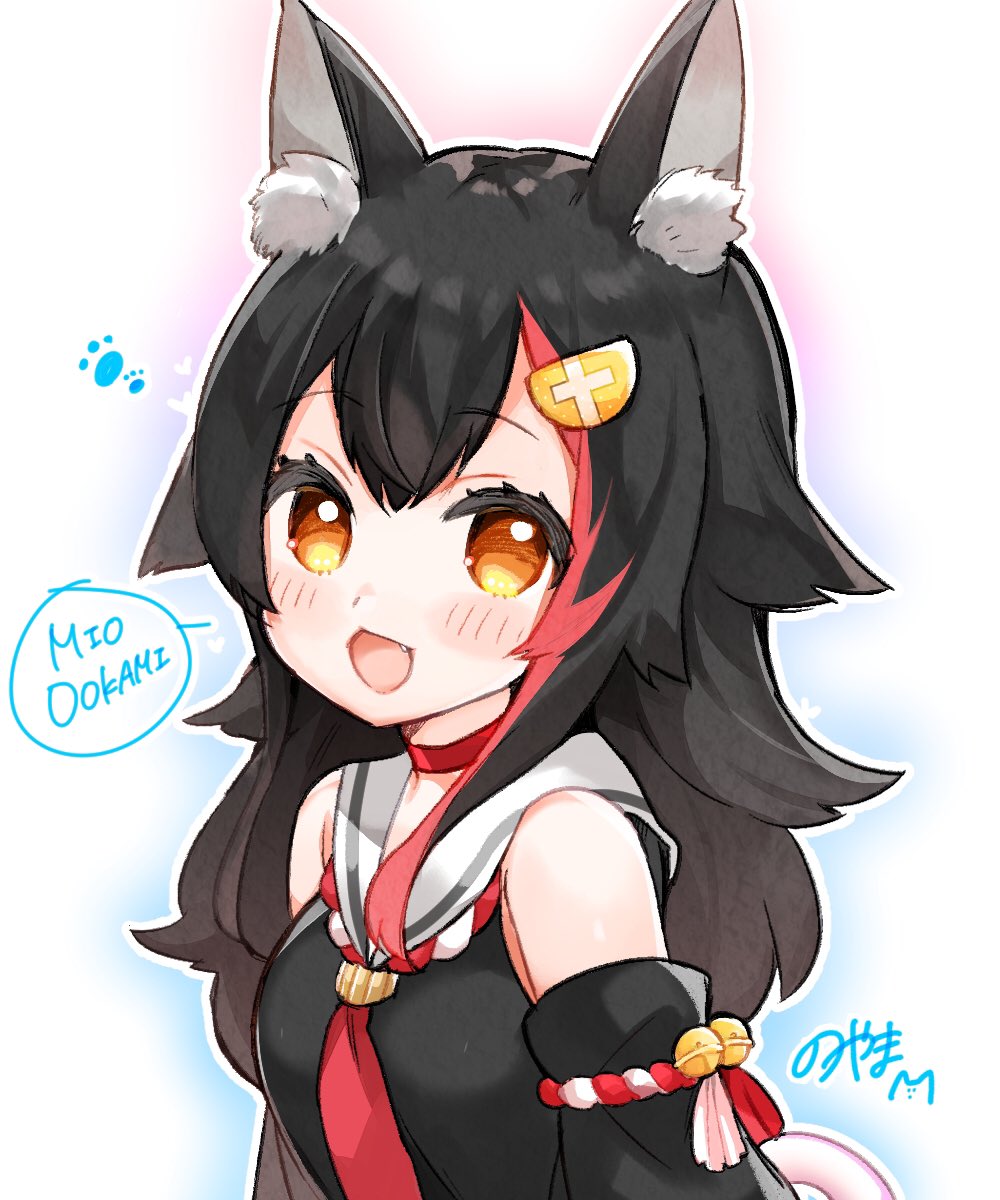 1girl animal_ears artist_name bell black_hair blush character_name commentary_request detached_sleeves fang hair_ornament hairclip highres hololive long_hair looking_at_viewer noyama_(noyama8888) ookami_mio open_mouth portrait simple_background solo virtual_youtuber yellow_eyes