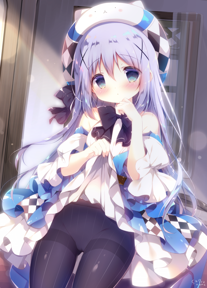 1girl bangs bare_shoulders black_bow black_legwear blue_dress blue_eyes blue_hair blush bow character_hat closed_mouth commentary_request detached_sleeves dress dress_lift eyebrows_visible_through_hair gochuumon_wa_usagi_desu_ka? hair_between_eyes hair_ornament hat head_tilt juliet_sleeves kafuu_chino lifted_by_self long_sleeves looking_at_viewer pantyhose puffy_sleeves shiratama_(shiratamaco) sidelocks signature solo striped striped_legwear thighband_pantyhose tippy_(gochiusa) vertical-striped_legwear vertical_stripes wide_sleeves x_hair_ornament