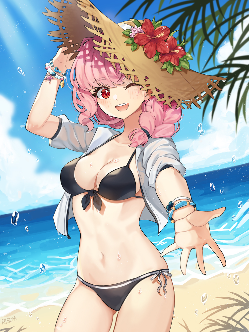 1girl ;d adjusting_headwear artist_name beach bead_bracelet beads bikini black_bikini blush bracelet braid breasts brown_hair day flower gluteal_fold hand_up hat hat_flower highres jewelry medium_breasts ocean one_eye_closed open_mouth original outdoors outstretched_hand pink_hair red_eyes risem smile standing straw_hat sun_hat swimsuit wet