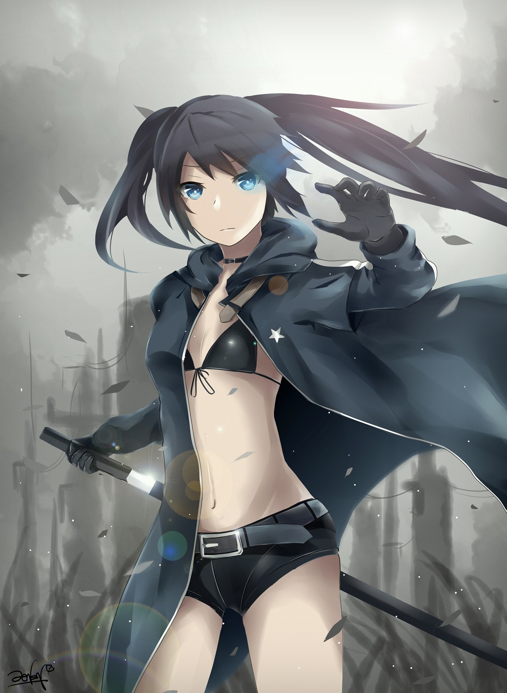 1girl asymmetrical_hair black_bikini_top black_coat black_gloves black_hair black_rock_shooter black_rock_shooter_(character) black_shorts blue_eyes burning_eye clouds cloudy_sky coat cowboy_shot flat_chest floating_hair front-tie_bikini front-tie_top gloves highres holding holding_sword holding_weapon jenson_tw lens_flare long_hair looking_at_viewer midriff navel open_clothes open_coat outdoors petals sheath short_shorts shorts signature sky solo standing star star_print stomach sword twintails unsheathing very_long_hair weapon