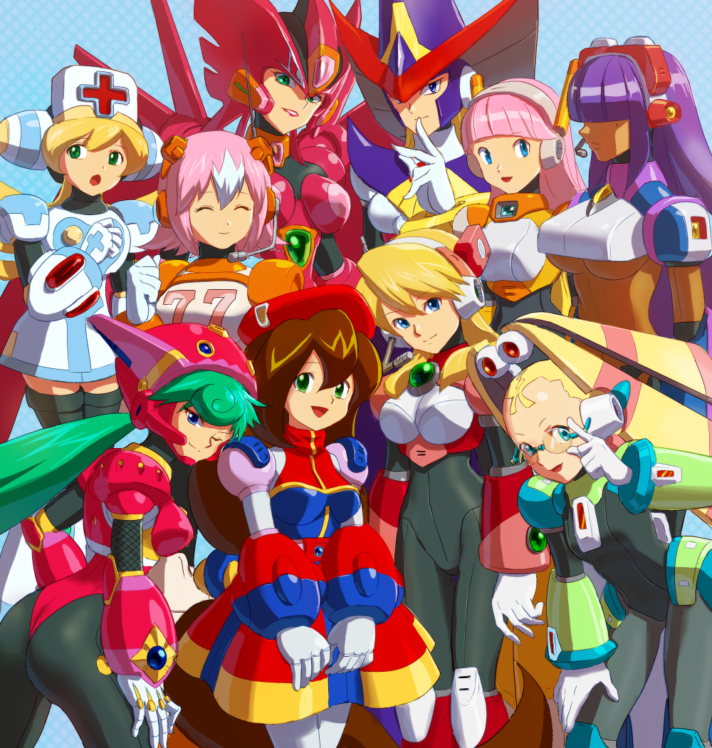 6+girls alia_(rockman) android bangs beret berkana blonde_hair blue_background blue_eyes blunt_bangs blush breasts brown_hair capcom cinnamon commentary_request dark_skin everyone female ferham framed_breasts gloves green_eyes green_hair hair_between_eyes hair_ornament hair_over_eyes hand_on_own_knee hat head_tilt headgear headset helmet iris_(rockman_x) large_breasts layer leaning_forward long_hair looking_at_viewer low-tied_long_hair marino medium_breasts multicolored_hair multiple_girls nana_(rockman) nurse nurse_cap one_eye_closed open_mouth palette_(rockman) pink_hair ponytail purple_hair robot_ears rockman rockman_x rockman_x2:_soul_eraser rockman_x4 rockman_x8 rockman_x_command_mission short_hair smile two-tone_hair under_boob user_fuyz3388 very_long_hair white_gloves white_hair witch_hat