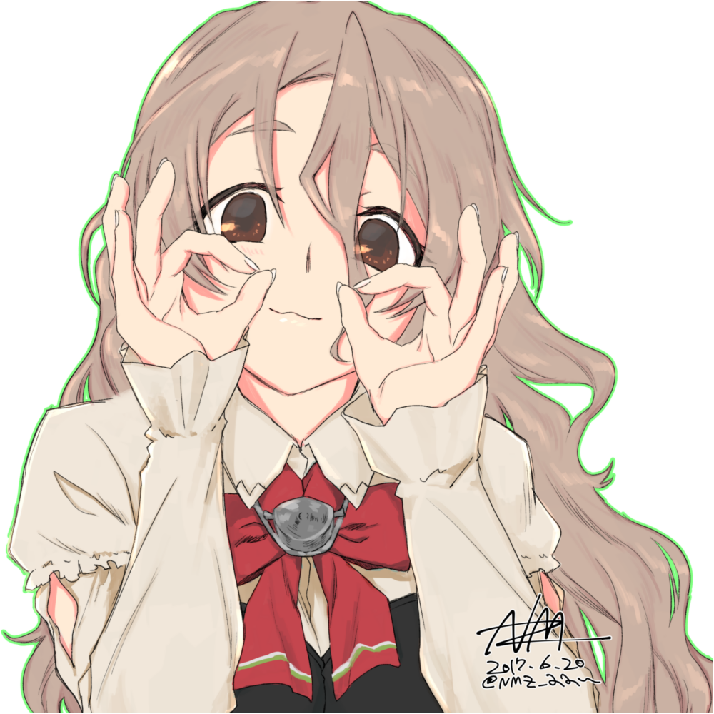 1girl :3 bangs bow bowtie brown_eyes brown_hair closed_mouth commentary_request dated double_ok_sign hair_between_eyes hands_up kantai_collection long_hair long_sleeves looking_at_viewer nmz_(namazu) pola_(kantai_collection) red_neckwear signature simple_background solo tareme twitter_username upper_body wavy_hair white_background