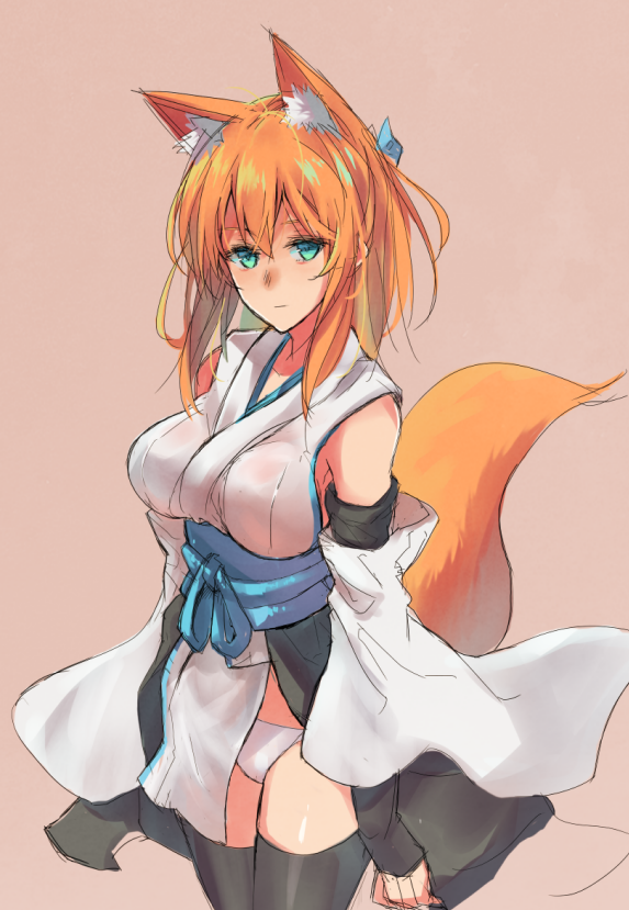 1girl animal_ear_fluff animal_ears aqua_sash bangs bare_shoulders beige_background breasts closed_mouth commentary_request detached_sleeves expressionless fox_ears fox_girl fox_tail green_eyes large_breasts large_tail long_hair long_sleeves looking_at_viewer obi orange_hair original sash sawaya_(mizukazu) simple_background solo tail tail_raised thigh-highs wide_sleeves