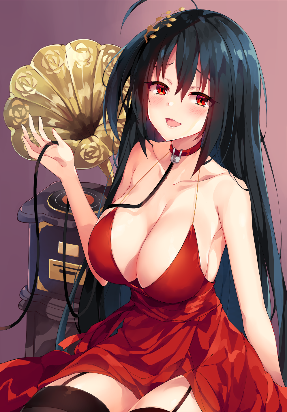 1girl :d ahoge arm_at_side azur_lane bangs bare_arms bare_shoulders black_hair black_legwear blush breasts cleavage cocktail_dress collar collarbone commentary_request dress garter_straps hair_between_eyes hair_ornament half-closed_eyes hand_up highres holding_leash large_breasts leash long_hair looking_at_viewer one_side_up open_mouth phonograph red_dress red_eyes simple_background sitting smile solo taihou_(azur_lane) thigh-highs unacchi_(nyusankin) very_long_hair