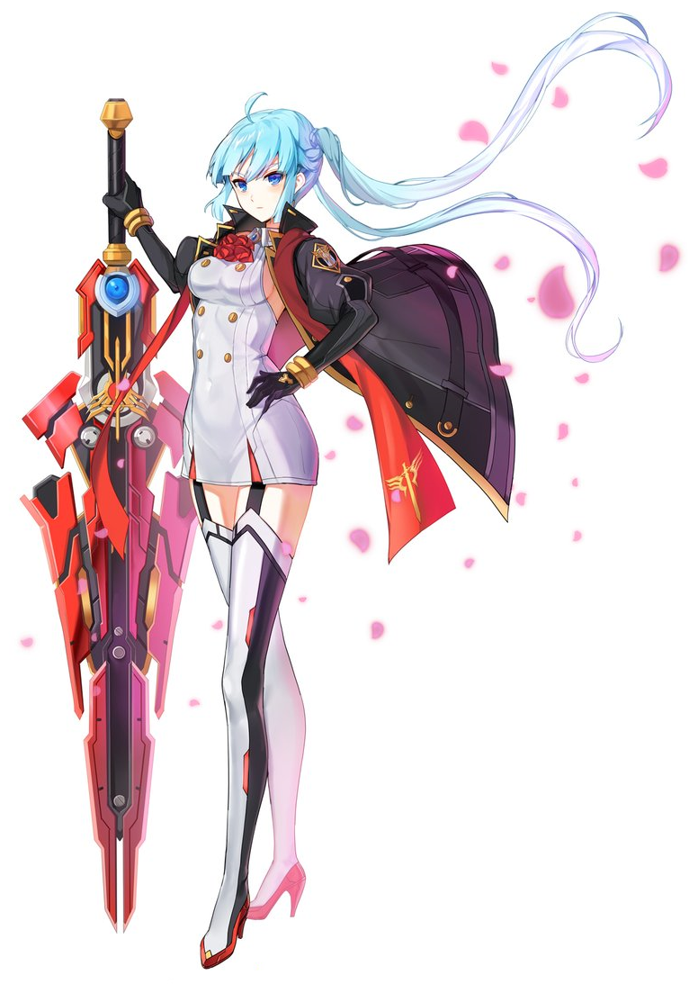 alternate_costume alternate_hairstyle black_coat blue_eyes boots breasts closers coat garter_straps hand_on_hip high_heel_boots high_heels holding holding_sword holding_weapon light_blue_hair long_hair low_twintails medium_breasts official_art open_clothes open_coat petals rose_petals solo sword thigh-highs thigh_boots twintails very_long_hair violet_(closers) weapon white_background