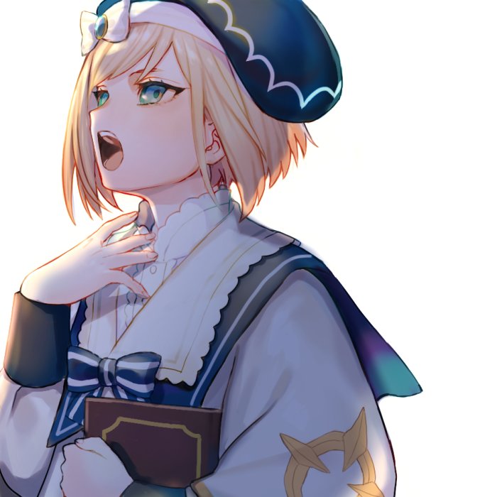 1boy blonde_hair blue_eyes book dragalia_lost elias_(dragalia_lost) holding holding_book long_sleeves male_focus music ofstan open_mouth ribbon sailor_collar shirt short_hair singing white_background white_shirt