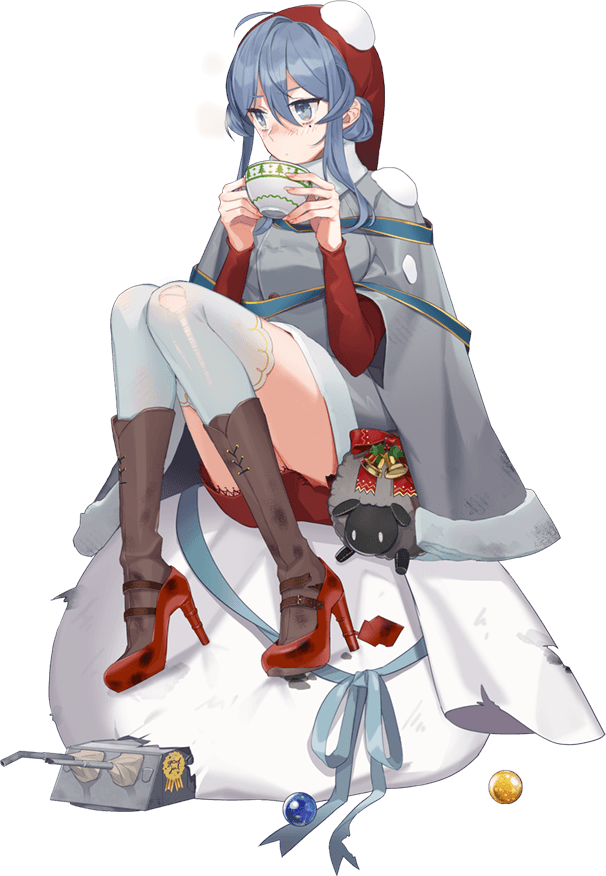 1girl angry animal blue_eyes blue_hair blush box christmas cup drew_(drew213g) gloves goat gotland_(kantai_collection) hair_between_eyes hair_bun hat kantai_collection long_hair long_ribbon looking_at_viewer machinery mole mole_under_eye official_art robe sack santa_costume santa_hat sitting sitting_on_object snow solo teacup thigh-highs turret white_gloves