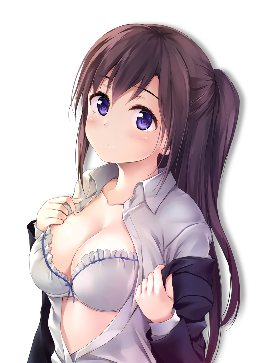 1girl bangs black_hair black_jacket blazer blue_eyes blush bra breasts cleavage closed_mouth clothes_down collarbone collared_shirt eyebrows_visible_through_hair frilled_bra frills hands_up head_tilt highres jacket large_breasts long_hair long_sleeves looking_at_viewer one_side_up open_clothes open_jacket open_shirt original pasdar school_uniform shadow shirt sidelocks simple_background smile solo tareme underwear undressing upper_body white_background white_bra white_shirt