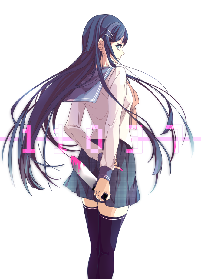 1girl blood blood_on_fingers bloody_weapon blue_eyes blue_hair blue_legwear blue_sailor_collar blue_skirt brown_neckwear character_name chiyo_(min0yoko) dangan_ronpa dangan_ronpa_1 floating_hair from_behind hair_ornament hairclip holding holding_knife knife long_hair long_sleeves looking_at_viewer looking_back maizono_sayaka miniskirt pleated_skirt sailor_collar school_uniform serafuku shirt simple_background skirt solo spoilers standing thigh-highs very_long_hair weapon white_background white_shirt zettai_ryouiki