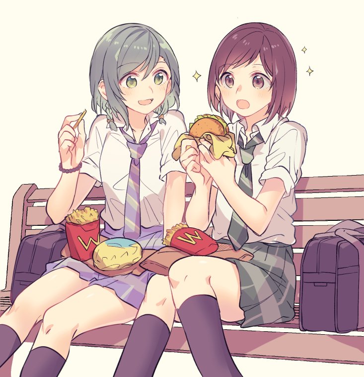 2girls :d :o aqua_hair bag bang_dream! bench black_legwear black_neckwear black_skirt blue_neckwear blue_skirt bracelet braid brown_eyes brown_hair collared_shirt diagonal_stripes fast_food feet_out_of_frame food food_awe french_fries green_eyes grey_hair hamburger haneoka_school_uniform hazawa_tsugumi hikawa_hina holding holding_food jewelry kneehighs knees_together_feet_apart looking_away mcdonald's mikan-uji multiple_girls necktie open_mouth park_bench plaid plaid_skirt school_bag school_uniform shirt short_sleeves side-by-side sitting skirt smile sparkle striped striped_neckwear twin_braids white_background white_shirt