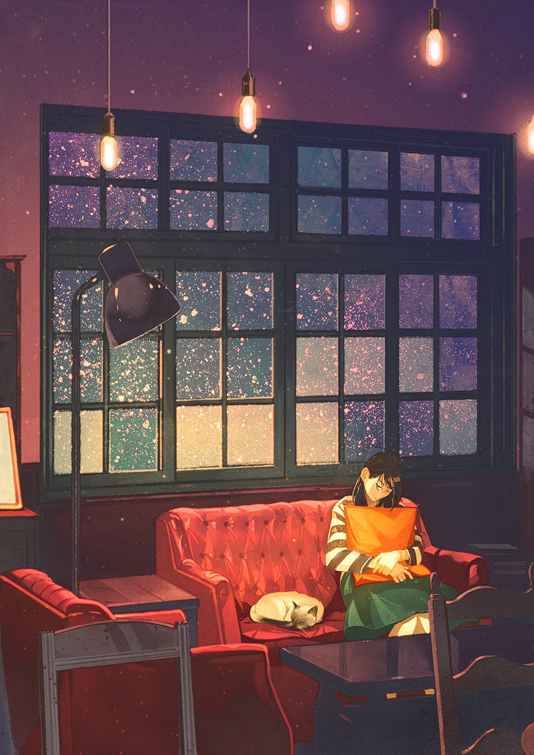 1girl armchair brown_hair cat ceiling_light chair closed_eyes closed_mouth commentary_request couch gemi green_skirt highres indoors lamp long_sleeves night original pillow shirt sitting skirt sky sleeping solo star_(sky) starry_sky striped striped_shirt table