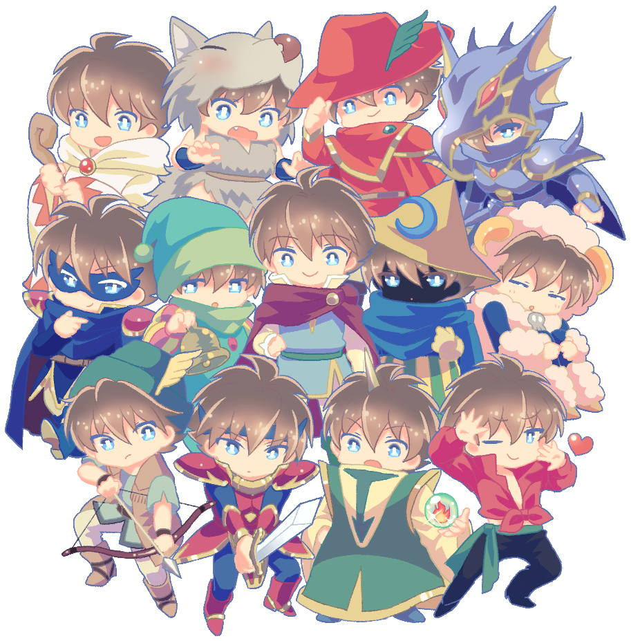 6+boys :d :o ;) animal_costume animal_hat armor arrow bangs beastmaster_(final_fantasy) bell berserker_(final_fantasy) black_mage black_pants blue_eyes blue_footwear blue_mage boots bow_(weapon) bright_pupils brown_footwear brown_hair butz_klauser cape closed_eyes closed_mouth dancer domino_mask dragoon_(final_fantasy) face_mask fang final_fantasy final_fantasy_v fur-trimmed_sleeves fur_trim geomancer_(final_fantasy) glint gloves green_hat hair_between_eyes hat hat_feather hat_ornament heart helmet holding holding_bow_(weapon) holding_staff holding_sword holding_weapon horn horns knight_(final_fantasy) long_sleeves mask multiple_boys multiple_persona nightcap no_nose one_eye_closed open_mouth pants pauldrons pose ranger_(final_fantasy) red_cape red_footwear red_hat red_mage red_shirt robe sheep_costume sheep_horns shirt short_hair simple_background skull smile sparkle spikes staff standing summoner_(final_fantasy) sword takatora tied_shirt weapon white_background white_mage white_pupils wide_sleeves wizard_hat wolf_costume wolf_hat yellow_gloves yellow_hat