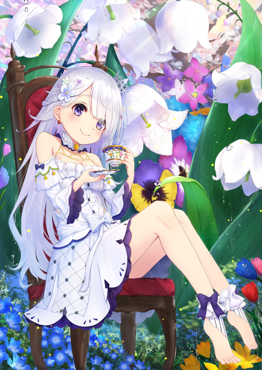 1girl ankle_ribbon bangs bare_legs bare_shoulders barefoot blush chair cherry_blossoms commentary_request crown cup detached_collar detached_sleeves dress earrings eyebrows_visible_through_hair fantasy flower flower_request frilled_dress frilled_sleeves frills full_body hair_braid hair_flower hair_ornament highres holding holding_cup jewelry leaf light_rays long_hair looking_at_viewer mini_crown nature omelet_tomato original ribbon scenery silver_hair sitting sleeveless sleeveless_dress smile solo sun_beam teacup tilted_headwear tree very_long_hair violet_eyes water_drop white_dress wide_sleeves