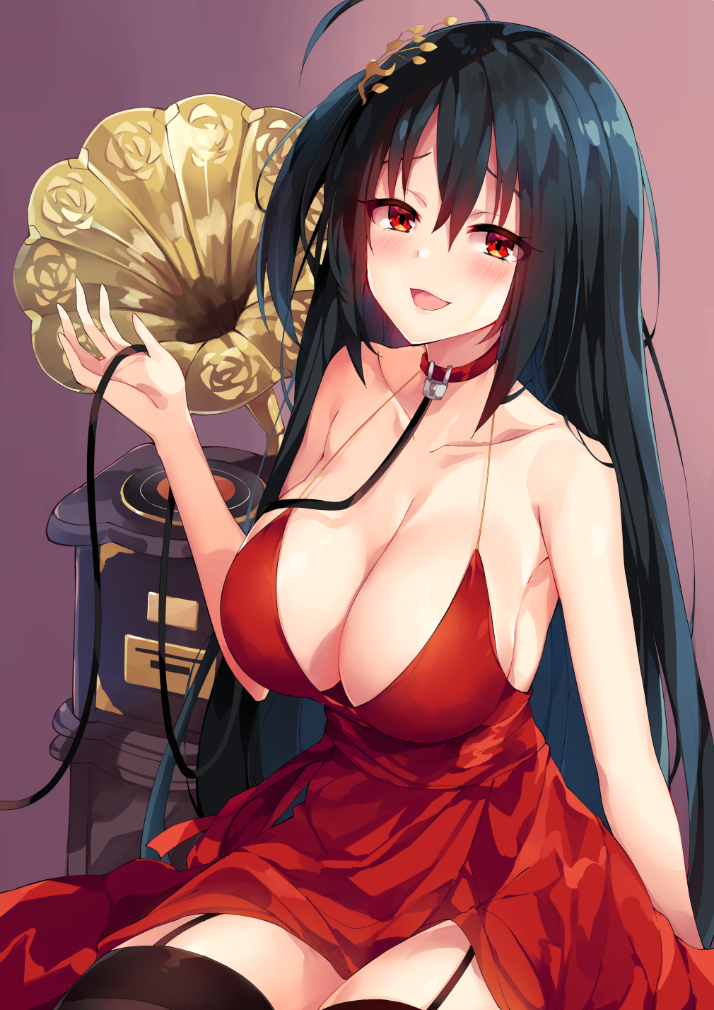 1girl :d ahoge arm_at_side azur_lane bangs bare_arms bare_shoulders black_hair black_legwear blush breasts cleavage cocktail_dress collar collarbone commentary_request dress garter_straps hair_between_eyes hair_ornament half-closed_eyes hand_up highres holding_leash large_breasts leash long_hair looking_at_viewer one_side_up open_mouth phonograph red_dress red_eyes revision simple_background sitting smile solo taihou_(azur_lane) thigh-highs unacchi_(nyusankin) very_long_hair