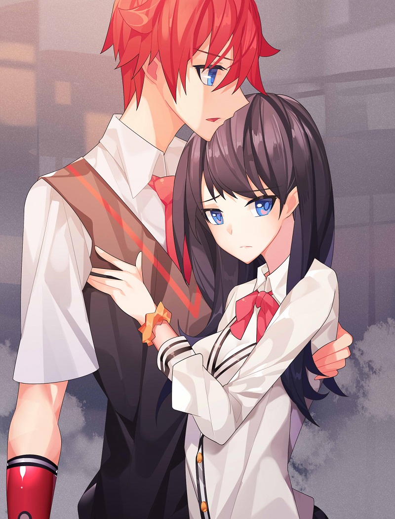 1boy 1girl 931466095 bangs black_hair blue_eyes bow bowtie breasts cardigan chinese_commentary collared_shirt commentary_request couple eyebrows_visible_through_hair hand_on_another's_back hand_on_another's_chest hetero hibiki_yuuta hug long_hair long_sleeves looking_at_viewer medium_breasts necktie orange_scrunchie red_bow red_neckwear redhead school_uniform scrunchie shirt short_sleeves sleeves_rolled_up ssss.gridman sweater takarada_rikka waistcoat white_cardigan white_shirt white_sweater wing_collar wrist_scrunchie