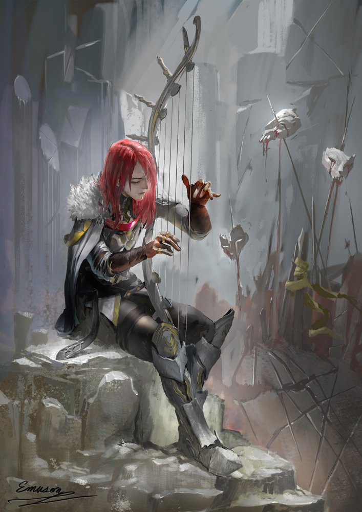 1boy armor blood bow_(weapon) cloak closed_eyes commentary_request emuson failnaught fate/grand_order fate_(series) fur_trim harp impaled instrument long_hair long_sleeves mask music playing_instrument redhead sitting solo tristan_(fate/grand_order) weapon white_cloak
