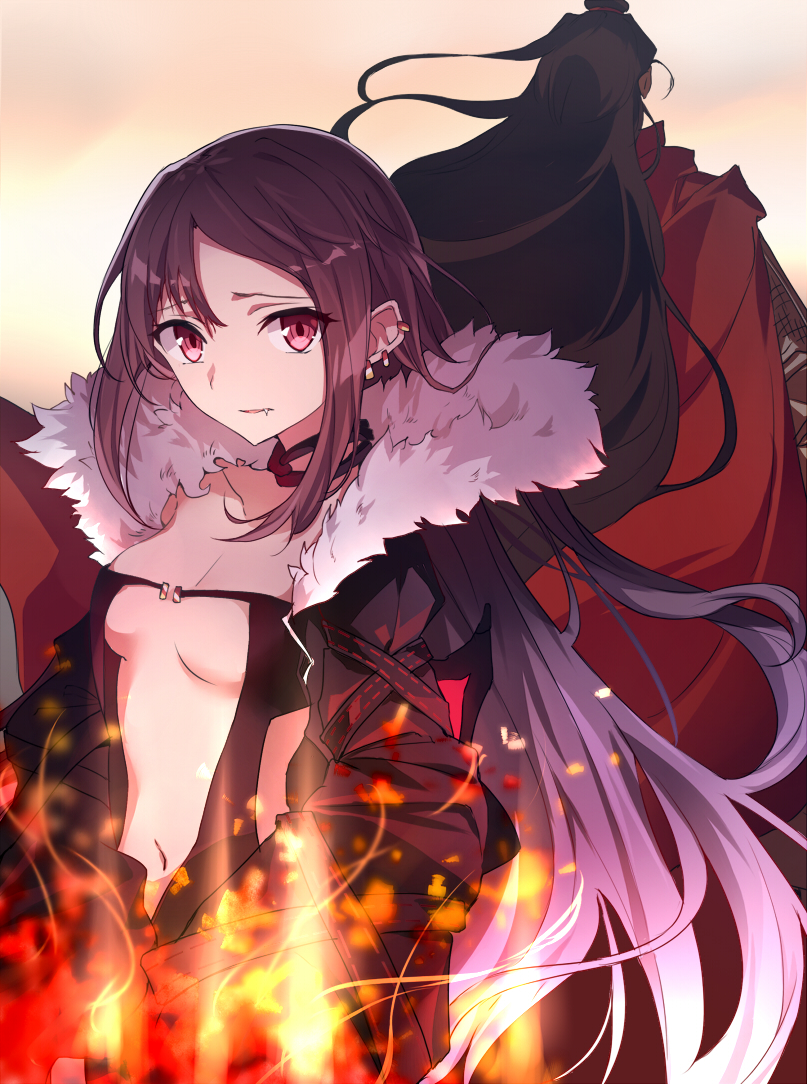 1boy 1girl bangs black_dress black_jacket breasts brown_hair character_request collarbone commentary_request consort_yu_(fate) dress ear_piercing earrings facing_away fang fang_out fate/grand_order fate_(series) fire fur-trimmed_jacket fur_trim jacket jewelry long_hair looking_at_viewer open_clothes open_jacket parted_lips piercing red_eyes small_breasts solo_focus strapless strapless_dress swept_bangs tsuedzu very_long_hair