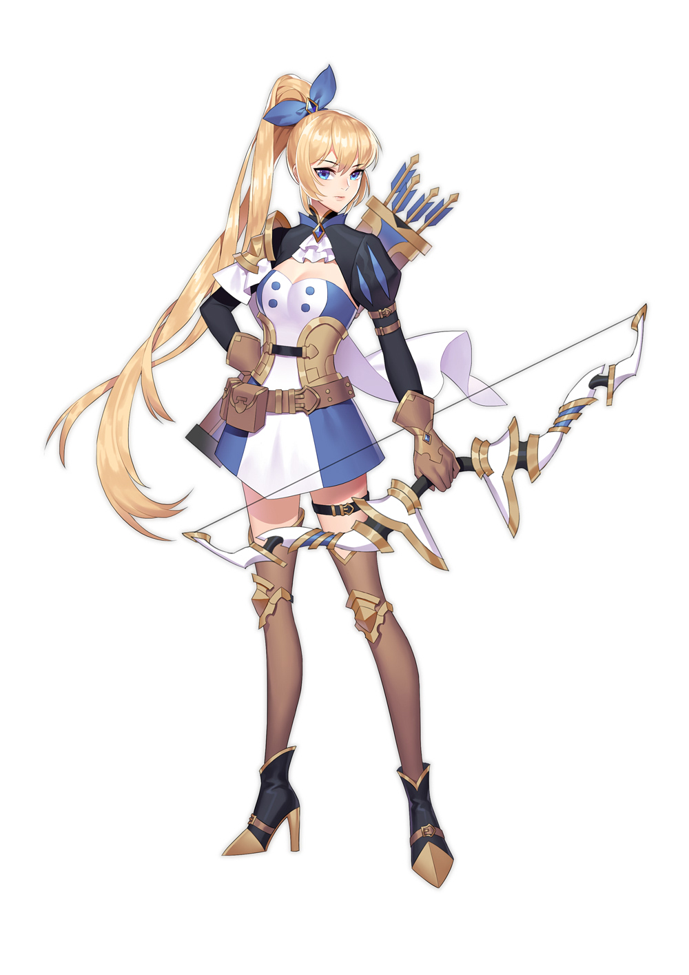 1girl aquarius_(artist) arm_strap arrow bangs belt belt_pouch black_footwear blonde_hair blue_eyes blue_ribbon bow_(weapon) breasts brown_gloves brown_legwear cleavage corset dress full_body gem gloves hair_ribbon hand_on_hip high_heels highres holding holding_bow_(weapon) holding_weapon knee_pads long_hair long_sleeves looking_at_viewer medium_breasts original ponytail pouch puffy_long_sleeves puffy_sleeves quiver ribbon short_dress shrug_(clothing) simple_background standing tachi-e thigh-highs thigh_strap two-tone_dress very_long_hair weapon white_background