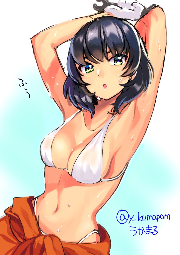 1girl :o armpits arms_behind_head arms_up artist_name bangs bikini blue_background breasts brown_hair cleavage clothes_around_waist commentary dark_skin girls_und_panzer gloves green_eyes highleg highleg_bikini holding hoshino_(girls_und_panzer) jumpsuit looking_at_viewer mechanic medium_breasts navel open_mouth orange_jumpsuit short_hair skindentation solo string_bikini sweat swimsuit twitter_username ukamaru uniform upper_body white_bikini white_gloves wrench