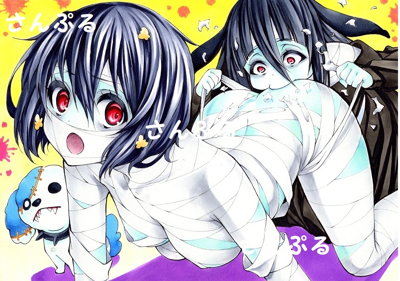 2girls :o all_fours ass bandage bandages blue_hair blue_skin breasts dog long_hair medium_breasts mizuno_ai multiple_girls naked_bandage open_mouth red_eyes sharp_teeth short_hair stitches tearing_clothes teeth text_focus torn_clothes user_wzmz3732 yamada_tae zombie zombie_land_saga