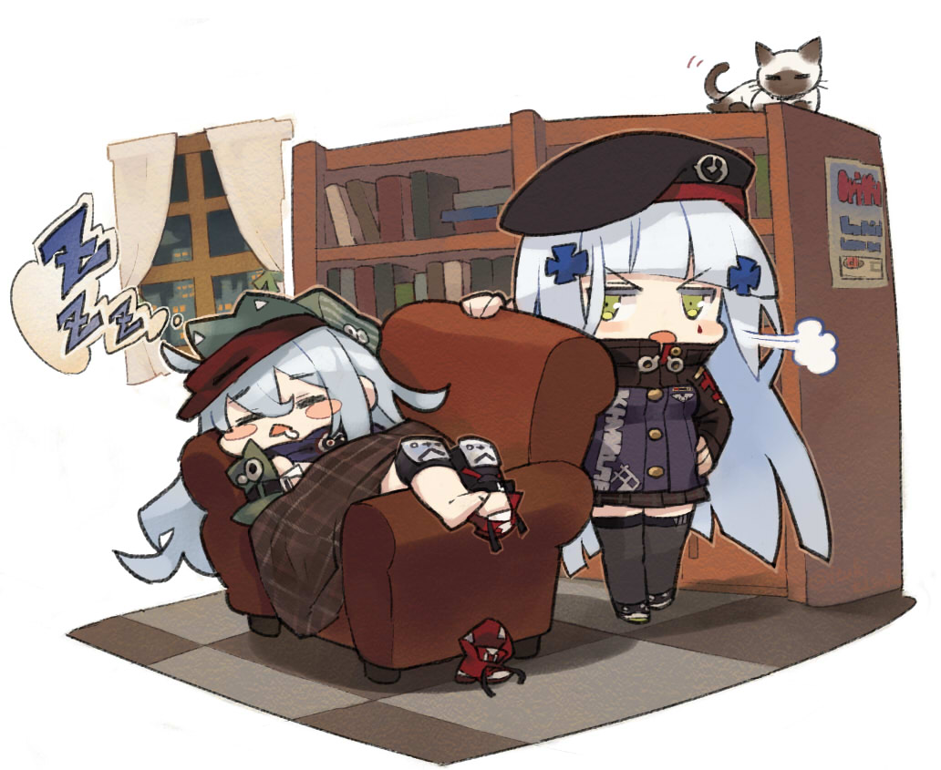 2girls :&lt; =_= animal arm_up armchair asymmetrical_footwear beret black_hat black_legwear black_skirt blush blush_stickers book bookshelf boots boots_removed building cat chair checkered checkered_floor closed_eyes clouds commentary_request curtains drooling flat_cap g11_(girls_frontline) girls_frontline green_eyes green_hat green_jacket hair_ornament hand_on_hip hat hk416_(girls_frontline) indoors itsuki_tasuku jacket long_hair long_sleeves lying miniskirt multiple_girls night night_sky on_back parted_lips pleated_skirt purple_jacket red_footwear saliva silver_hair single_boot skirt sky skyscraper thigh-highs triangle_mouth v-shaped_eyebrows very_long_hair window zzz