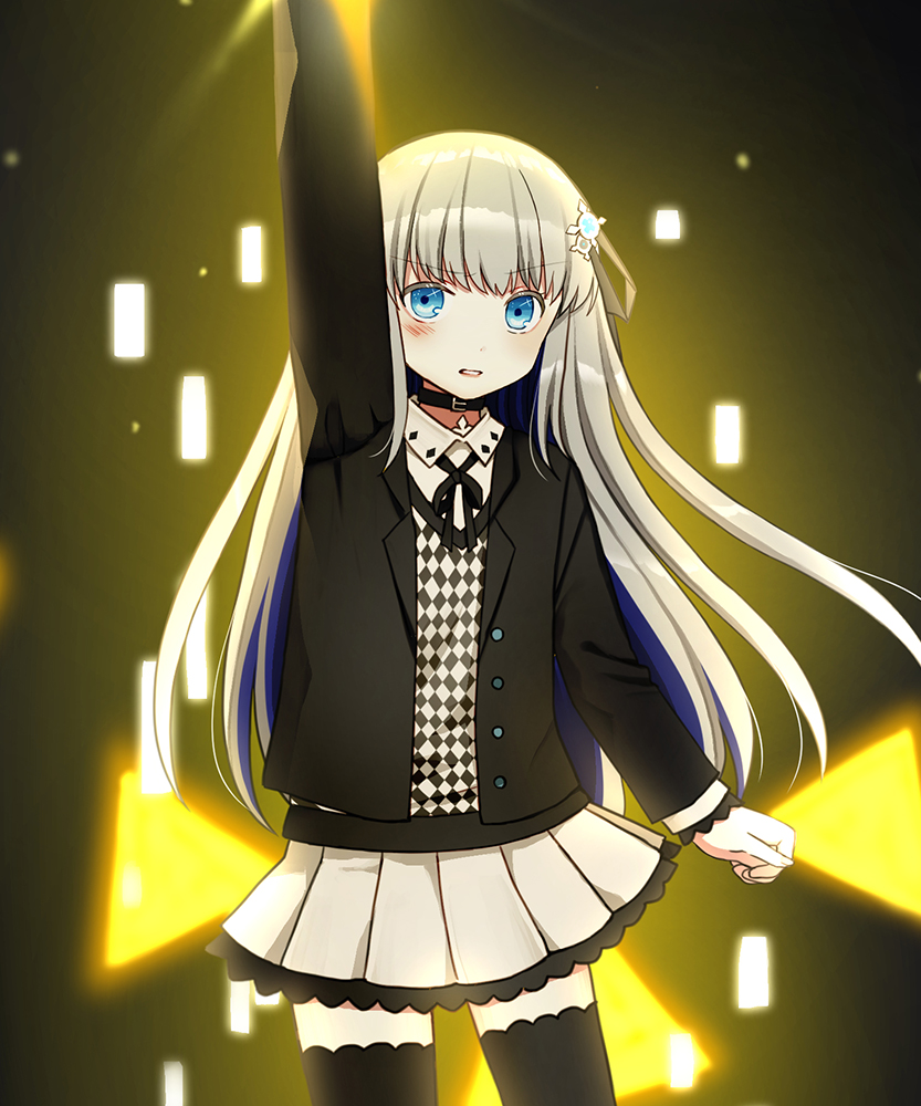 1girl argyle arm_up black_jacket black_legwear black_ribbon blue_eyes blush collared_shirt crystar grey_hair hair_ornament hair_ribbon hatada_rei jacket kurata_rine long_sleeves looking_at_viewer multicolored_hair neck_ribbon official_art open_clothes open_jacket parted_lips pleated_skirt purple_hair ribbon shirt skirt sleeves_past_wrists solo thigh-highs two-tone_hair vest white_shirt white_skirt