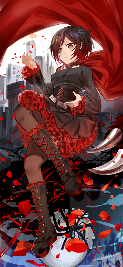 1girl bangs black_dress black_footwear boots brown_eyes brown_hair cape corset dress frilled_boots frilled_sleeves frills full_body gradient_hair layered_dress multicolored_hair pantyhose parted_bangs parted_lips petals red_cape redhead ruby_rose rwby short_hair slee solo two-tone_hair