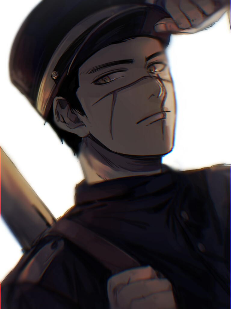 1boy adjusting_clothes adjusting_hat black_hair black_hat brown_eyes facial_scar golden_kamuy hat looking_at_viewer male_focus military_hat nakkamonakkamo scar short_hair sugimoto_saichi upper_body white_background