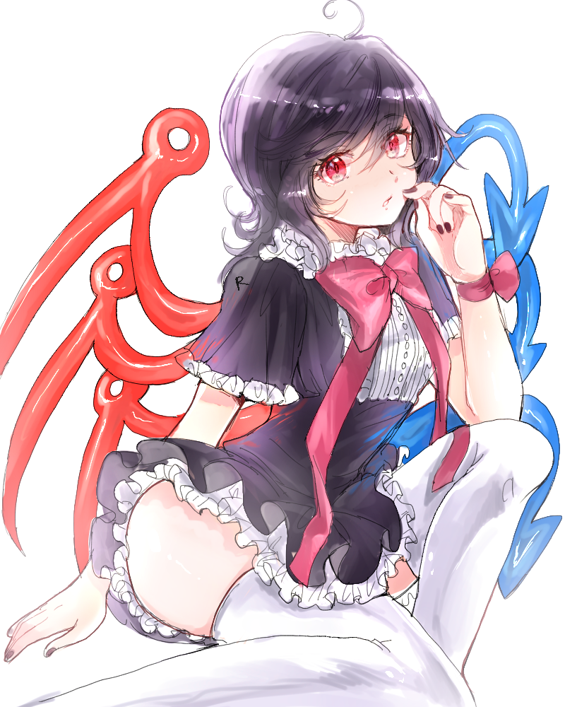 1girl asymmetrical_wings black_dress black_hair blue_wings commentary_request dress eyebrows_visible_through_hair frilled_dress frilled_sleeves frills houjuu_nue nail_polish open_mouth pointy_ears red_eyes red_neckwear red_wings rosette_(roze-ko) short_dress short_hair short_sleeves sitting thigh-highs thighs touhou white_legwear wings