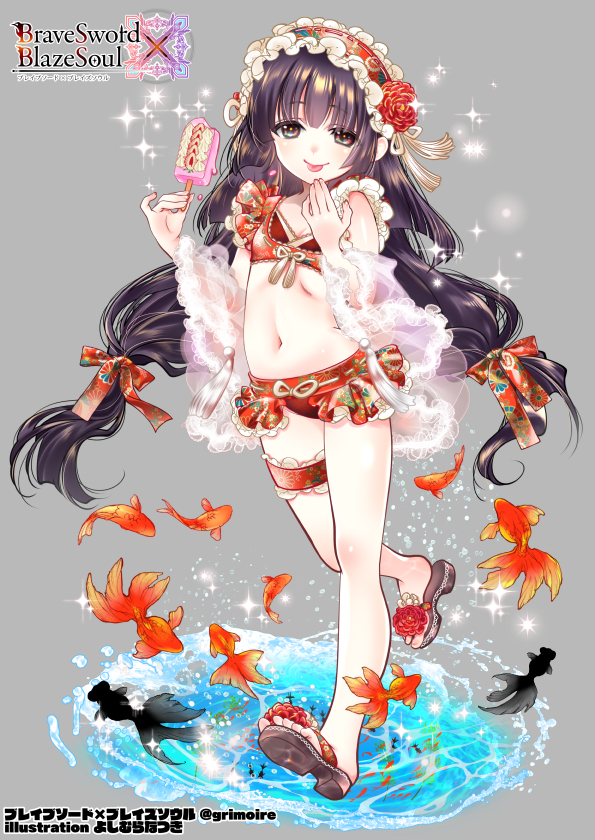 1girl black_hair bow brave_sword_x_blaze_soul copyright_name fish flower food full_body goldfish grey_background hair_bow hair_flower hair_ornament hairband hand_up long_hair navel official_art popsicle puddle red_bow red_flower red_swimsuit rin_(ringer) sandals solo standing swimsuit thigh_strap tongue tongue_out very_long_hair watermark