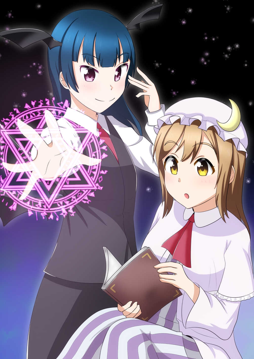 2girls :o bangs black_background black_skirt blue_background blue_hair book brown_hair commentary_request cosplay cowboy_shot crescent crescent_hair_ornament demon_wings dress dress_shirt eyebrows_visible_through_hair gradient gradient_background hair_bun hair_ornament hand_on_own_forehead hat head_wings hexagram highres koakuma koakuma_(cosplay) kunikida_hanamaru long_sleeves looking_at_viewer love_live! love_live!_sunshine!! magic_circle medium_hair mob_cap multiple_girls necktie norimituko open_book outstretched_arm patchouli_knowledge patchouli_knowledge_(cosplay) red_neckwear robe shirt sitting skirt smile standing star_(sky) striped striped_dress swept_bangs touhou tsushima_yoshiko violet_eyes waistcoat white_robe white_shirt wings yellow_eyes