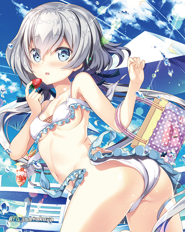 1girl ass bag bare_arms bare_shoulders bikini blue_eyes blue_sky blush breasts chair clouds cloudy_sky collarbone commentary_request day food frilled_bikini frills fruit fujima_takuya holding holding_food konno_junko long_hair looking_at_viewer looking_back low_twintails navel outdoors parasol short_hair silver_hair sky small_breasts strawberry swimsuit table transparent twintails twitter_username umbrella very_long_hair wardrobe_malfunction water water_drop white_bikini zombie_land_saga