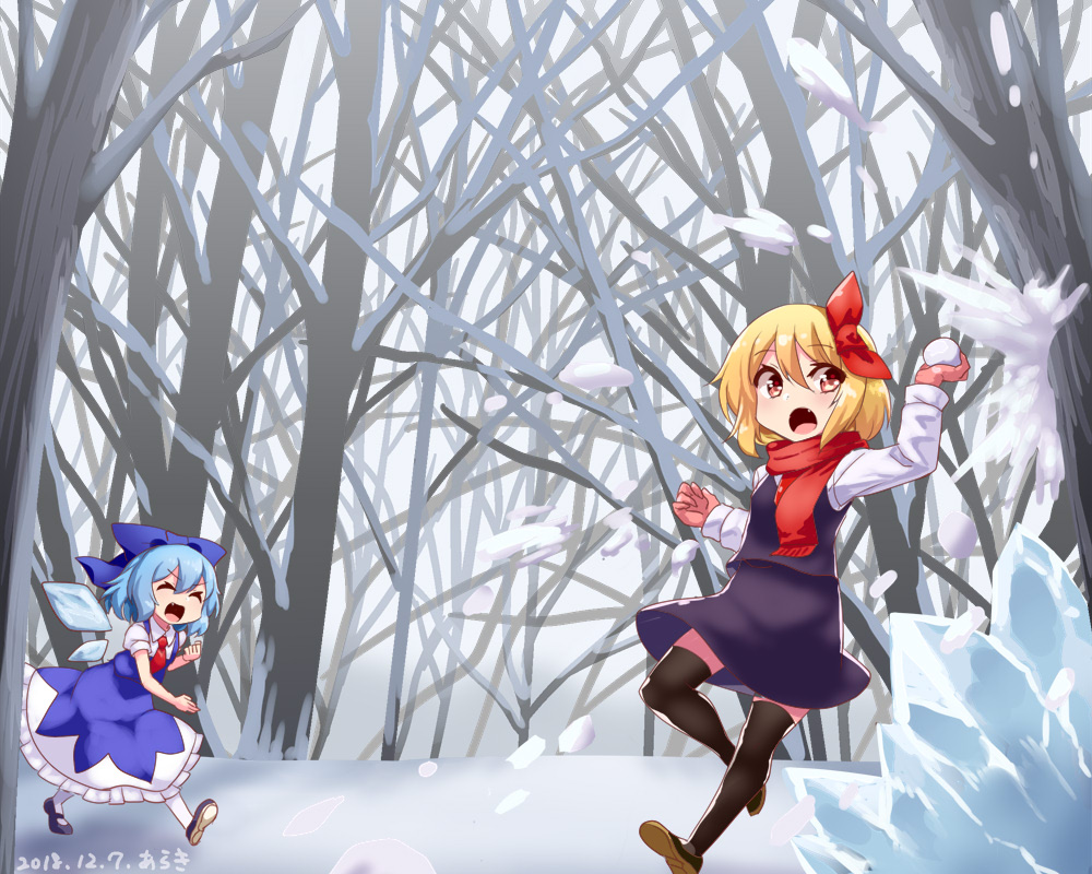 2girls araki_(qbthgry) arm_up artist_name bare_tree black_footwear black_legwear black_skirt black_vest blonde_hair blue_bow blue_dress bow brown_footwear cirno clenched_hand commentary_request dated day dress fang folded_leg forest gloves hair_between_eyes hair_bow hair_ribbon ice long_sleeves looking_back mary_janes multiple_girls nature open_mouth outdoors pantyhose pinafore_dress pink_gloves puffy_short_sleeves puffy_sleeves red_eyes red_neckwear red_scarf ribbon rumia scarf shirt shoes short_hair short_sleeves skirt snow snowball snowball_fight thigh-highs throwing touhou tree vest walking white_legwear white_shirt winter