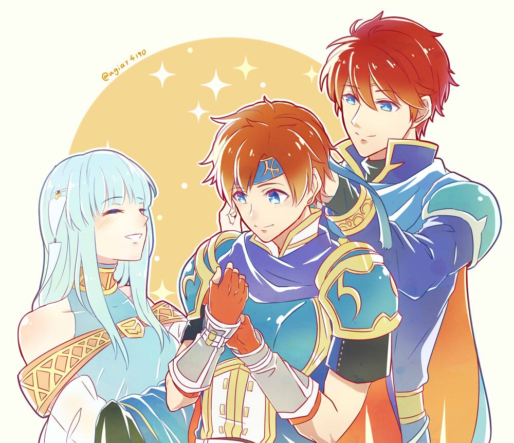 1girl 2girls armor bare_shoulders blue_armor blue_eyes blue_hair blush cape closed_eyes dress eliwood_(fire_emblem) father_and_son fire_emblem fire_emblem:_fuuin_no_tsurugi fire_emblem:_rekka_no_ken fire_emblem_heroes gloves hair_ornament headband jewelry kazame long_hair mamkute mother_and_son multiple_girls ninian nintendo open_mouth red_eyes redhead roy_(fire_emblem) short_hair simple_background smile super_smash_bros. super_smash_bros._ultimate taiga_kazame veil