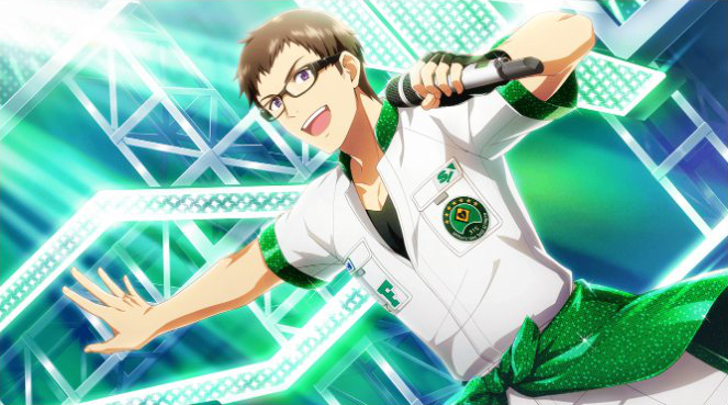 brown_hair dress glasses idolmaster idolmaster_side-m idolmaster_side-m_live_on_stage shingen_seiji short_hair smile violet_eyes