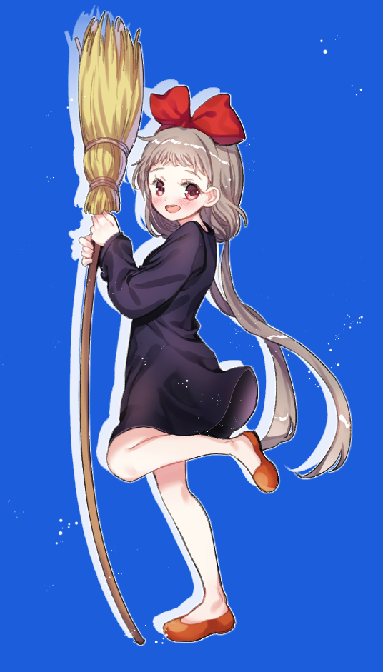 1girl :d bangs black_dress blue_background blush bow broom brown_footwear brown_hair dabi_(dabibubi) dress hair_bow hands_up holding holding_broom long_hair long_sleeves looking_at_viewer looking_to_the_side low_twintails open_mouth original red_bow red_eyes round_teeth shadow shoes short_dress smile solo standing standing_on_one_leg teeth twintails upper_teeth very_long_hair